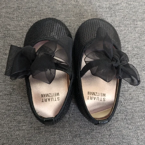 🆕 Stuart Weitzman Baby Bling Black Sparkly Sequin Shoes Organza Bow Size 3 - Picture 7 of 9